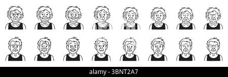 Set di volti di vecchi e donne con varie espressioni emotive isolate su sfondo bianco. Concetto di personaggi anziani, emozioni che invecchiano, psicolo Illustrazione Vettoriale