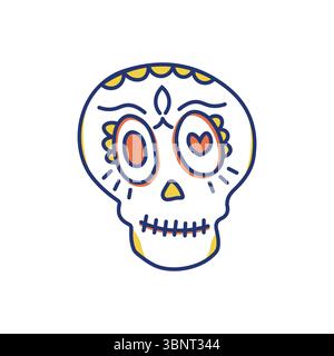 Icona colorata del teschio di zucchero con elementi decorativi, perfetta per dia de los Muertos e le celebrazioni culturali messicane. Illustrazione Vettoriale