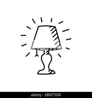 Un'affascinante icona vettoriale disegnata a mano di una lampada da tavolo illuminata che rappresenta idee, comfort o arredamento. Illustrazione Vettoriale