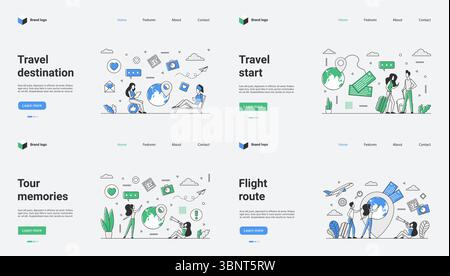 Questo contenuto delinea una destinazione di viaggio con rotte di volo, tour memorabili e l'inizio di un'avventura emozionante, ideale per siti Web turistici e include un'illustrazione dettagliata del modello Web Illustrazione Vettoriale