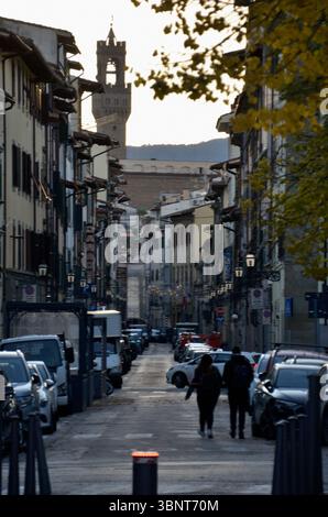 Torre di Arnolfo, Palazzo Vecchio vista da via il Prato, Firenze, Toscana, Italia, Europa Foto Stock