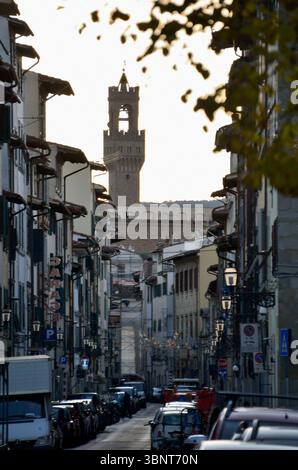 Torre di Arnolfo, Palazzo Vecchio vista da via il Prato, Firenze, Toscana, Italia, Europa Foto Stock