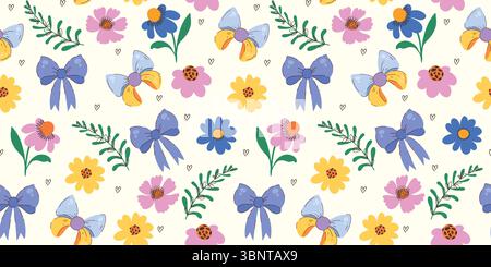Colorato simpatico motivo senza cuciture con nastri. Doodle bizzarre piante estive e primaverili. Sfondo femminile e ripetibile, perfetto per la moda Illustrazione Vettoriale