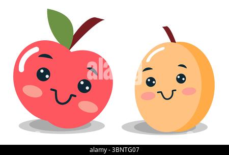 Due adorabili personaggi di frutta sorridono gioiosamente. Una mela rossa brillante con una foglia verde è accanto a un'albicocca amichevole di giallo tenue. Entrambi hanno grandi dimensioni Illustrazione Vettoriale