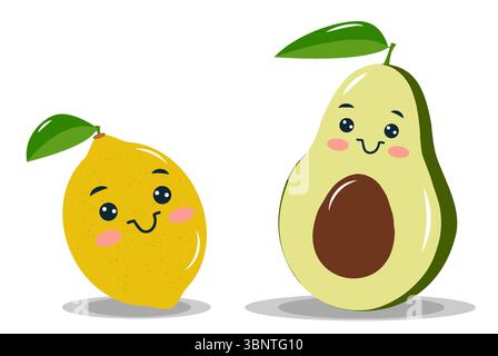 Due allegri personaggi dei cartoni animati di un limone e di un avocado sono esposti fianco a fianco. Ognuno ha un'espressione felice e lascia sulla testa, creando Illustrazione Vettoriale
