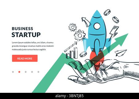 Mano che tiene il razzo volante e la freccia verde che cresce. Illustrazione del collage dello schizzo disegnato a mano vettoriale. Lancio di startup aziendale, tecnologie digitali, d Illustrazione Vettoriale