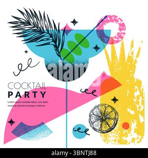 Striscione tropicale per feste estive con foglie di palma, cocktail, limone, ananas. Collage vettoriale moderno, illustrazioni disegnate a mano. Design per Beach club Illustrazione Vettoriale