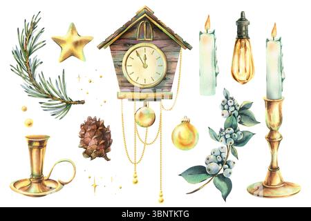Set di acquerelli dipinti a mano in stile vintage con orologio a cucù, candele, pino e decorazioni natalizie. Ideale per Natale e per un'atmosfera intima e di stagione Foto Stock