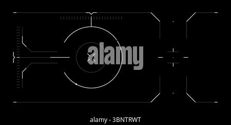 Futuristica tecnologia HUD overlay con interfaccia utente digitale per drone o interfaccia fantascientifica. Layout dello schermo cyberpunk con radar, reticolo, dati glitch e vista FPV. Sfondo nero con elementi olografici. Illustrazione Vettoriale