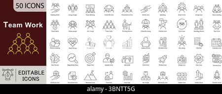 Icone della linea di lavoro del team: Business, successo e collaborazione tra persone Illustrazione Vettoriale