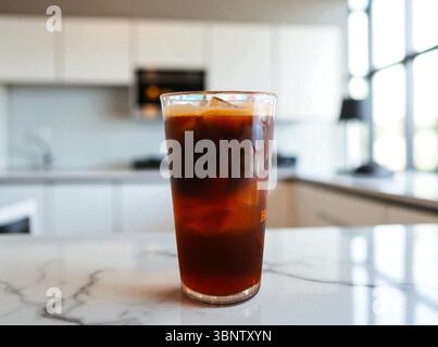 Caffè ghiacciato su un piano cucina in marmo Foto Stock