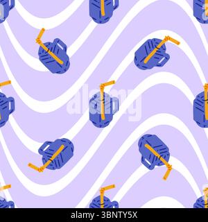 Modello della bottiglia di energia per idratazione. Motivo senza cuciture con bottiglie d'acqua blu e cannucce gialle su sfondo viola ondulato. Stile cartoni animati piatto sportivo. Illustrazione Vettoriale