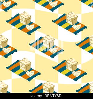 Fantasia di snack per film estivi. Motivo senza cuciture con scatole di popcorn e biglietti per il cinema su tappetini a righe su sfondo giallo ondulato. Stile cartoni animati piatto Illustrazione Vettoriale