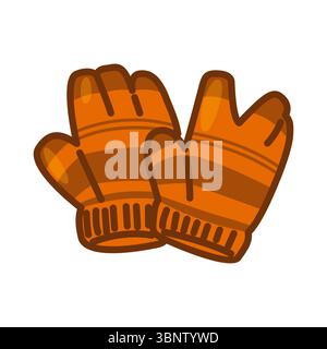 Caldi guanti invernali a righe. Comodi guanti a righe arancioni e marroni, tessuto lavorato a maglia, illustrazione piatta in stile cartone animato su sfondo pulito. Illustrazione Vettoriale