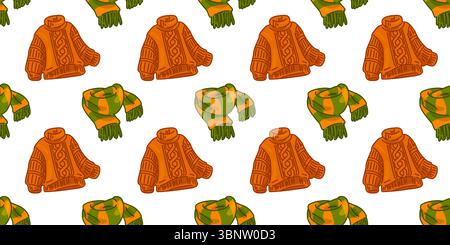 Motivo sciarpa felpa autunnale senza cuciture. Motivo senza cuciture con pullover arancioni cartoni animati e sciarpe verdi a quadri nei caldi colori autunnali. Stile piatto Illustrazione Vettoriale