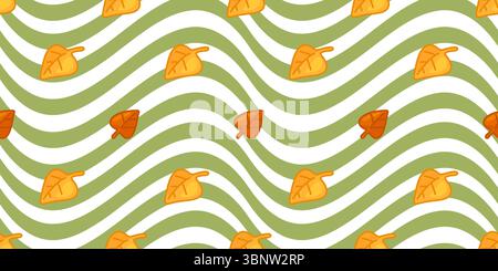 L'autunno lascia il design Wave Pattern. Motivo senza cuciture con foglie autunnali dei cartoni animati sparse su sfondo ondulato verde e bianco. Stile piatto, colori caldi Illustrazione Vettoriale