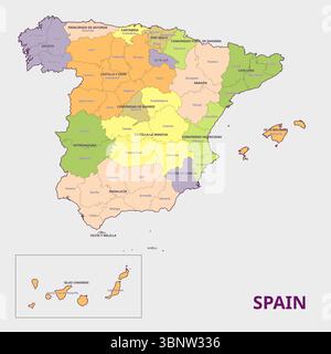 Mappa della Spagna che mostra le regioni e le province autonome Illustrazione Vettoriale