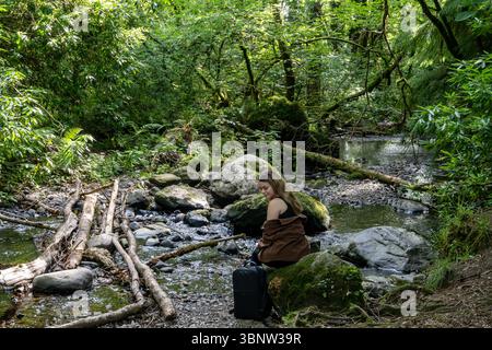 Una donna siede pacificamente su una roccia vicino a un ruscello nel bosco Foto Stock