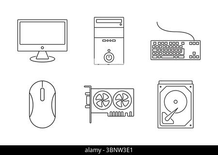 Set di icone di hardware per computer, tra cui monitor, CPU, tastiera, mouse, scheda grafica, disco rigido. Ideale per guide tecniche, recensioni, supporto IT. Illustrazione Vettoriale