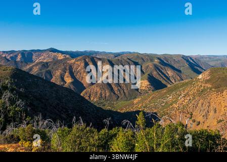 Vasto paesaggio montuoso in California, caratterizzato da colline ondulate, vegetazione variegata e un cielo azzurro cristallino Foto Stock