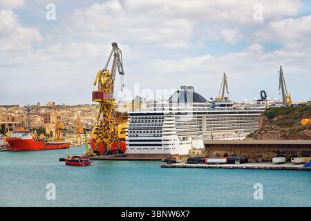 Un porto industriale affollato con grandi gru, navi da carico e passeggeri e infrastrutture di magazzino, sullo sfondo del mare e della costa. Foto Stock