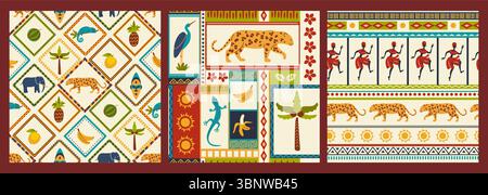 Stampa tropica. Leopardo, frutta e foglie etniche tribali o banane brasiliane estive africane. Tessuto boho indiano o messicano, carta da imballaggio, carta da parati. Stampa per tessuti. Illustrazione vettoriale Illustrazione Vettoriale