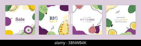 Banner di vendita. Sconti sui social media, frutta esotica, sfondo astratto. Modello di piante tropicali. Montante quadrato. Promozione di marketing. Design flyer botanico estivo. Illustrazione promozionale vettoriale Illustrazione Vettoriale