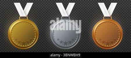 Medaglia di bronzo. Premio d'onore d'oro, stemma color argento sul nastro, forma circolare e stelle del campionato. Trofeo del torneo sportivo, cerimonia di premiazione dei migliori vincitori. Set di icone isolate realistiche vettoriali Illustrazione Vettoriale