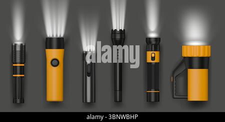 Torcia 3D. Torcia elettrica. Fascio di lanterna flash o luce LED realistica. Lampada manuale isolata. Vista laterale dell'attrezzatura di illuminazione. Riflettori puntati sui viaggi. Raggio proiettore luminoso. Set di oggetti di illuminazione vettoriale Illustrazione Vettoriale