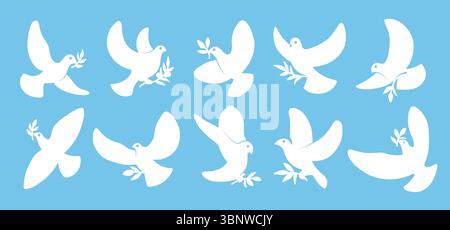 Silhouette dove. Mascotte di uccelli pacifici, democrazia astratta, simbolo di speranza. Pigeon of ucraina solidarietà mondiale, guerra libero, divertente personaggi di disegno urbano. Set di illustrazioni isolate in stile piatto cartoni animati vettoriali Illustrazione Vettoriale