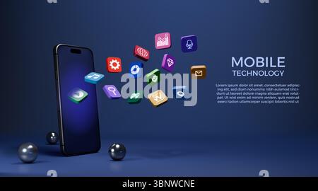Icona app 3D. Display del telefono con i pulsanti delle applicazioni. Infografica sui social media nella tecnologia multimediale intelligente. Mercato Internet. Simboli del menu della schermata del telefono cellulare. Sfere metalliche realistiche. Sfondo vettoriale Illustrazione Vettoriale