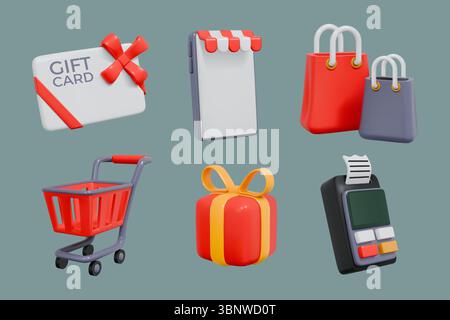 icone del negozio 3d. Borsa regalo, buono in mano, sconti su un negozio. Acquista nel mercato dei telefoni cellulari, promozione evento. Carrello per supermercati, premio regalo, shopping online. Rendering vettoriale di elementi cartoon isolati Illustrazione Vettoriale