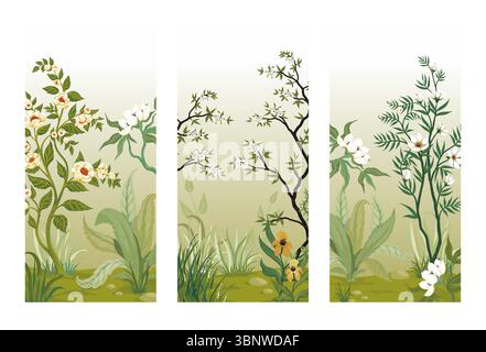 Poster dei fiori. Arte moderna asiatica, volantini, copertina per notebook. Sfondo giapponese con alberi ed erba. Carta da disegno. Floreale contemporaneo primavera estate grafica minimal ed elegante. Illustrazione vettoriale Illustrazione Vettoriale