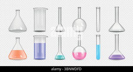 Provetta per analisi. Matraccio da laboratorio, becher 3d Science o flacone di vetreria chimica. Strumento medico per l'acqua erlenmeyer. Vuoto e pieno di acqua liquida. Pipetta per farmacia, apparecchiature didattiche. Contenitore isolato vettoriale Illustrazione Vettoriale