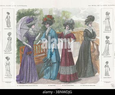 Incisione colorata di la moda elegante ilustrada 1908 Espalde de de diboyo 17, quattro giapponesi e cappelli abbinati omaggio dalla rivista di moda spagnola la mode elegante ilustrada. Moda elegante, donna donna donna francese donna donna donna in abiti abiti abiti da sera Foto Stock
