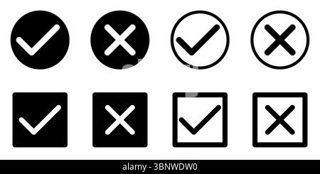 Segno di spunta e x in cerchio e quadrato, segno di spunta OK e simbolo X croce, illustrazione vettoriale in bianco e nero isolata su un bianco Illustrazione Vettoriale