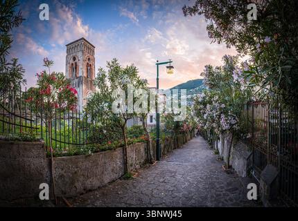 Un sentiero acciottolato a Ravello, Costiera Amalfitana, Italia, al tramonto, incorniciato da oleandri e da una torre medievale della chiesa. Foto Stock