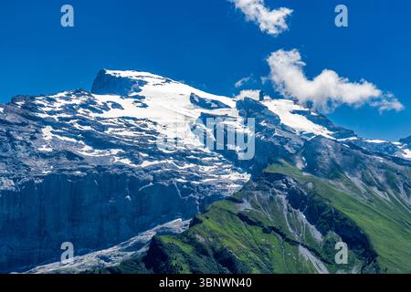 Il monte Titlis nelle Alpi Urner è considerato una delle più famose montagne per escursioni e sport invernali della Svizzera centrale. Con un'altezza di 3.238 metri, si erge in modo impressionante sopra la valle di Engelberg ed è circondato da tre cantoni (Obvaldo, Berna e Nidvaldo). Una vista mozzafiato sulle cime innevate del Titlis e sui verdi paesaggi alpini circostanti vicino a Engelberg, Svizzera. Il paesaggio mostra la natura maestosa e le infrastrutture turistiche che consentono di praticare attività all'aria aperta come lo sci sul ghiacciaio e il parapendio. Obere Flühmatt, Engelberg, Obwalden, Svizzero Foto Stock