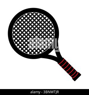 Icona della racchetta da tennis nera con illustrazione vettoriale con impugnatura rossa. Illustrazione vettoriale stilizzata di una racchetta da tennis nera vista dal davanti. Illustrazione Vettoriale