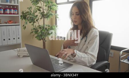 Medico ispanico femminile in stanza d'ospedale che conduce videochiamata utilizzando il computer portatile, con stetoscopio intorno al collo, trasmettendo professionalità in clinica in interni Foto Stock