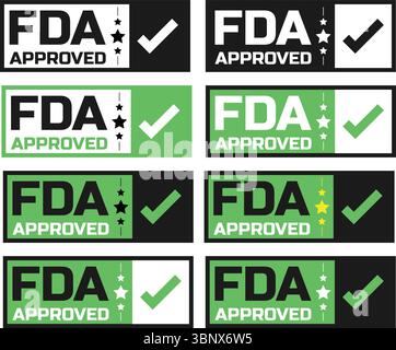 Set di vettori di badge moderni approvati dalla FDA con etichette di approvazione con segno di spunta e icone a stella per alimenti, medicali e farmaceutici Illustrazione Vettoriale