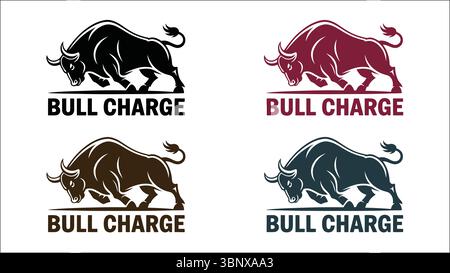 Set di logo Bull Charge con un'aggressiva illustrazione toro in nero, rosso, marrone e blu Illustrazione Vettoriale