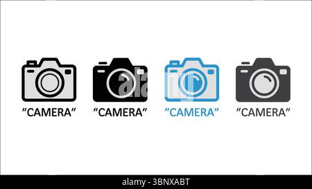 Icona della fotocamera impostata in nero, grigio, blu e scuro con contorno e testo in grassetto Illustrazione Vettoriale