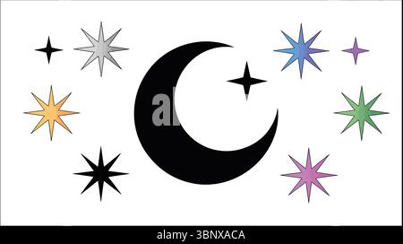 Luna crescente nera con stelle colorate in varie dimensioni su sfondo bianco Illustrazione Vettoriale