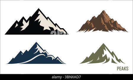 Silhouette Mountain Peak disponibile nei colori nero, marrone, blu e verde con un design audace Illustrazione Vettoriale