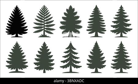 Collezione di sagome di pini e icone vettoriali isolate su sfondo bianco Illustrazione Vettoriale