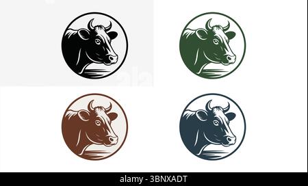 Logo della testa di mucca in cerchio, classico distintivo di animali da fattoria Illustrazione Vettoriale