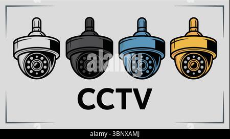 Set di icone della telecamera CCTV con quattro stili: Nero, grigio, blu e giallo, contorno grassetto, testo di seguito Illustrazione Vettoriale