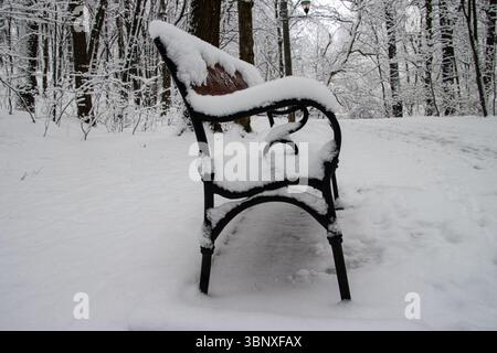 Panchina coperta di neve nel pak in un giorno d'inverno Foto Stock