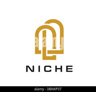 Icona ad arco di nicchia con forme ad arco sovrapposte che formano un monogramma astratto. Archway Vector moderno, elegante emblema nero e oro per un'architettura di qualità, un design di interni o un'identità di lusso Illustrazione Vettoriale